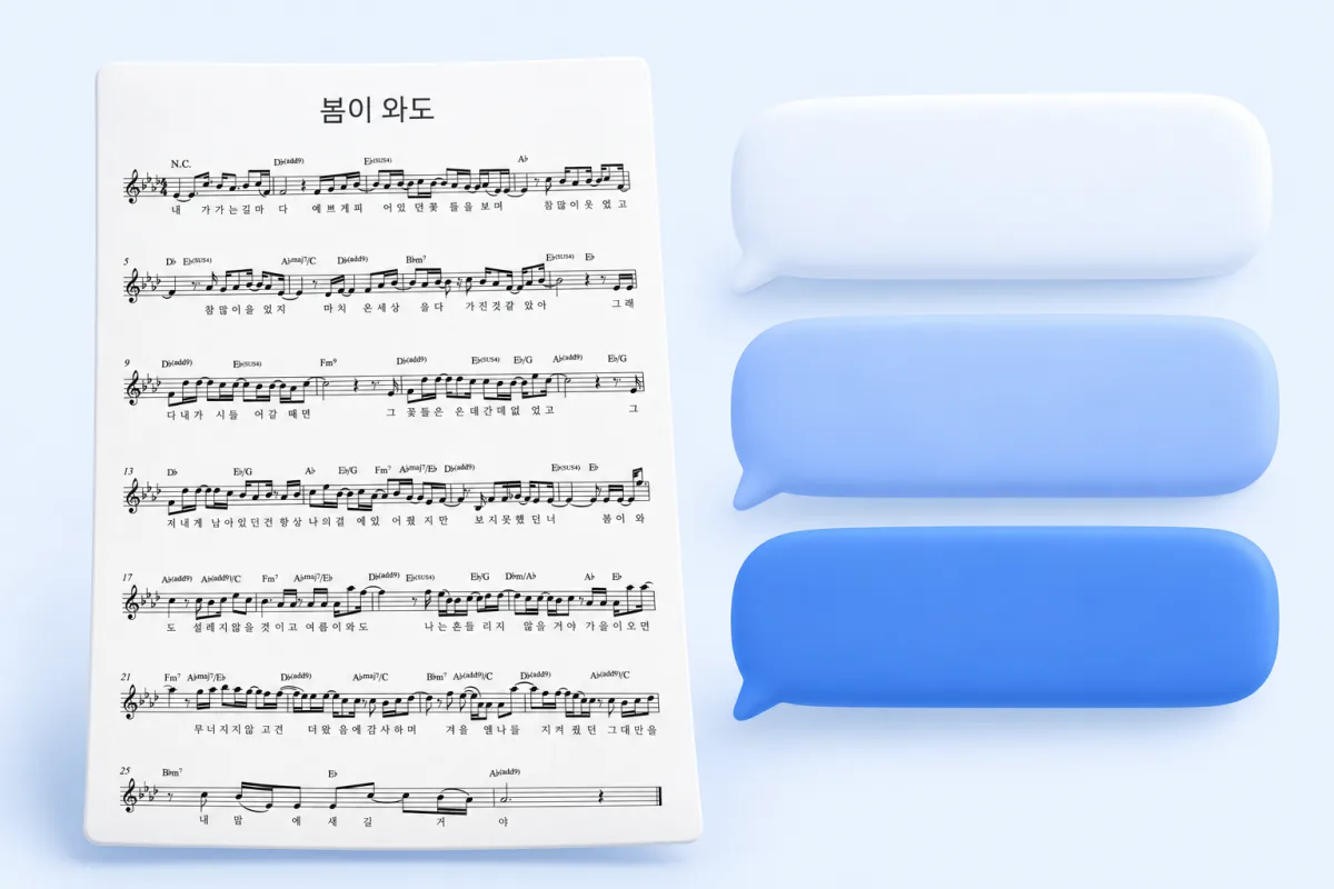 「봄이 와도」 멜로디 1단 악보와 요청 말풍선: 1절 부분만 채보해주세요, 원곡보다 2키 낮춰서 적어주세요, 학교 제출 형식에 맞춰주세요